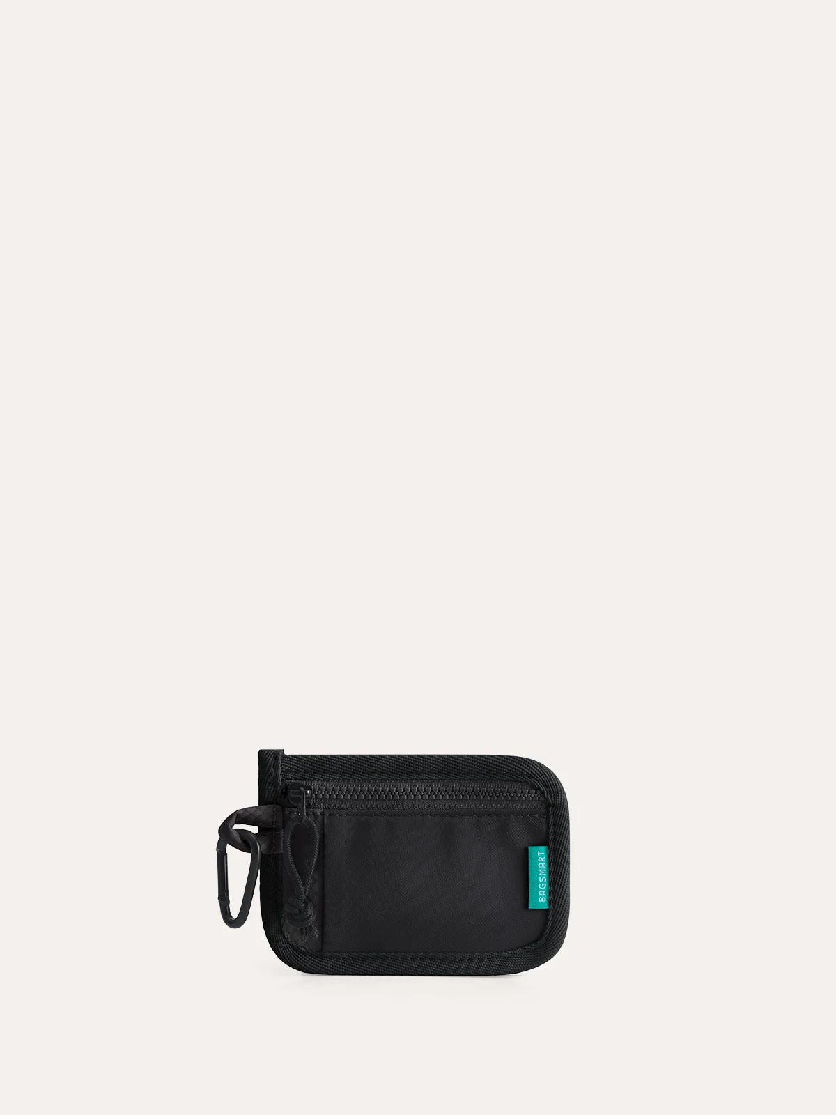 Black Blast Card Holder made of durable fabric with zip closure, compact design, and a small turquoise logo tag for everyday use.