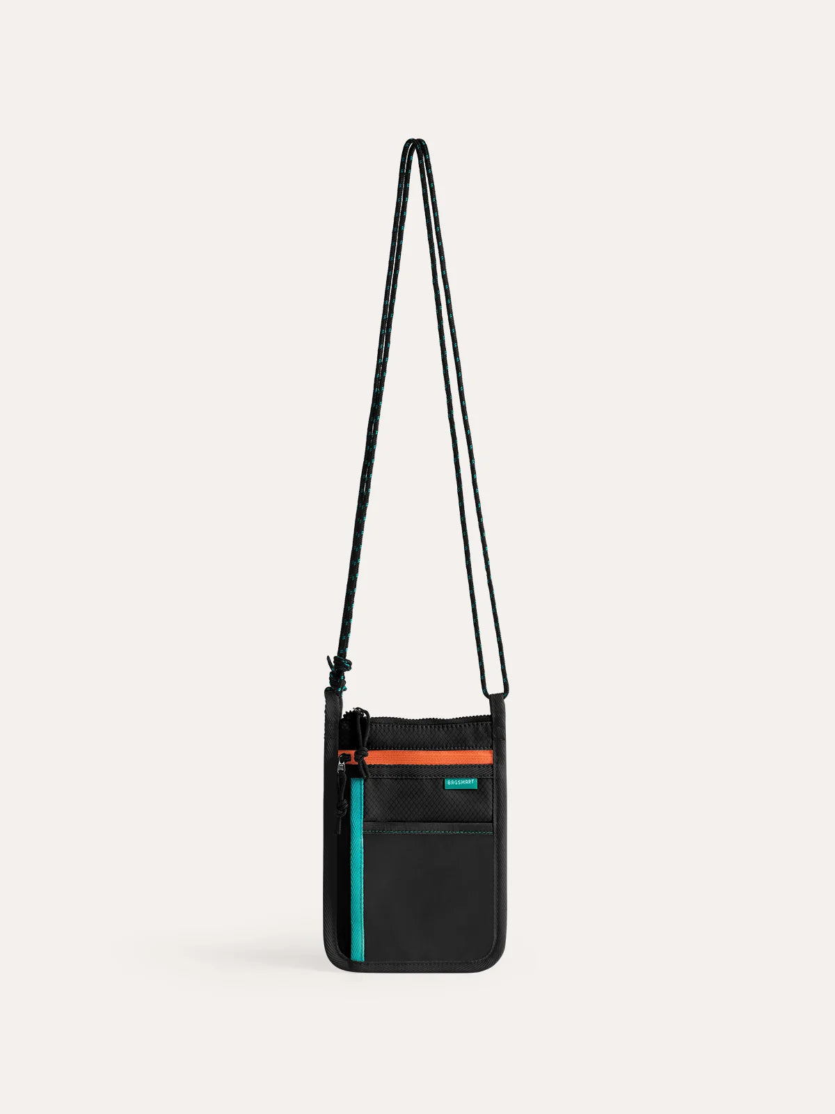 Black travel pouch with colorful zipper accents, adjustable strap, water-resistant material, ideal for travel accessories - SKU: BM0304092AN001
