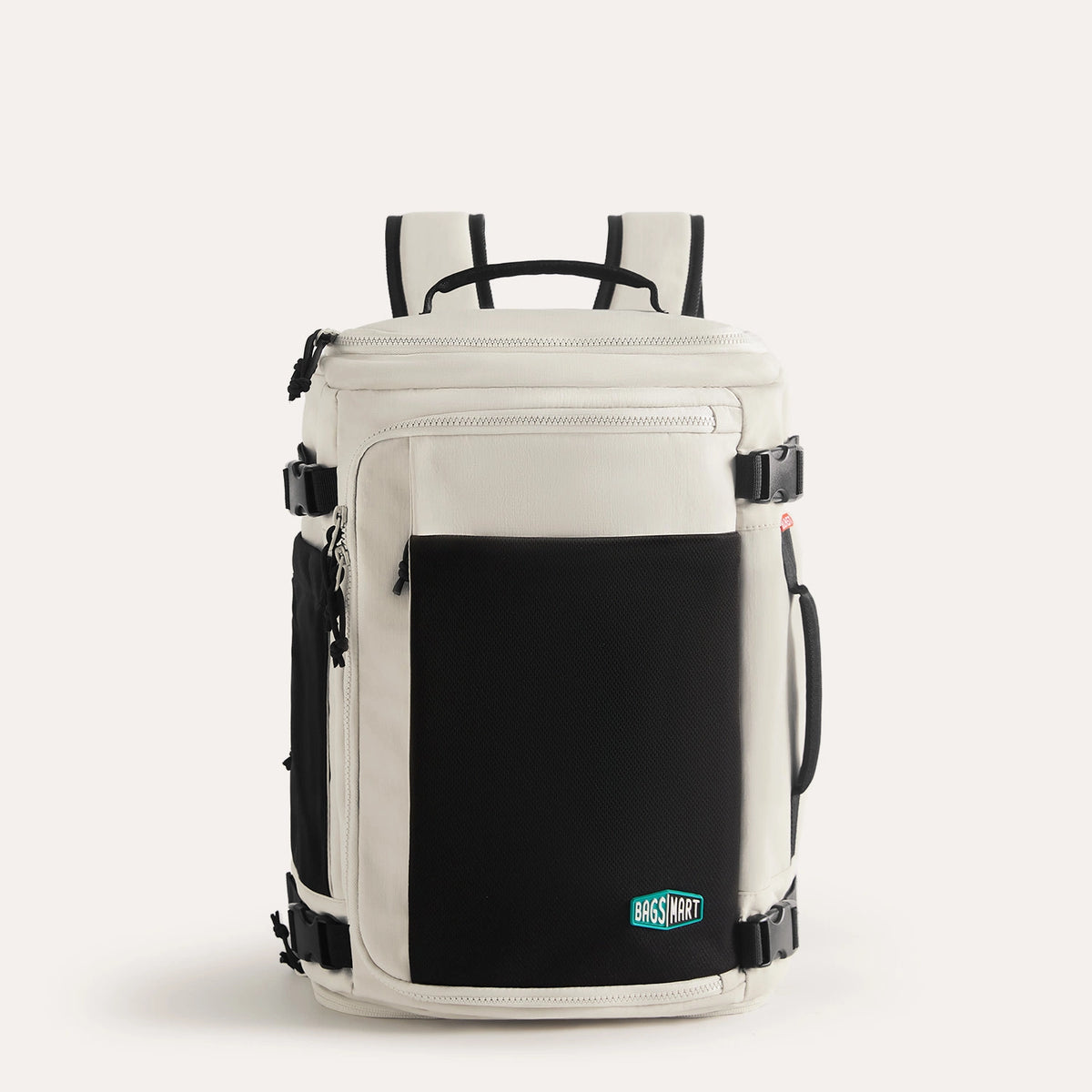 Extended mesh travel backpack in beige and black with multiple compartments, padded handle, and durable lightweight design for travel.