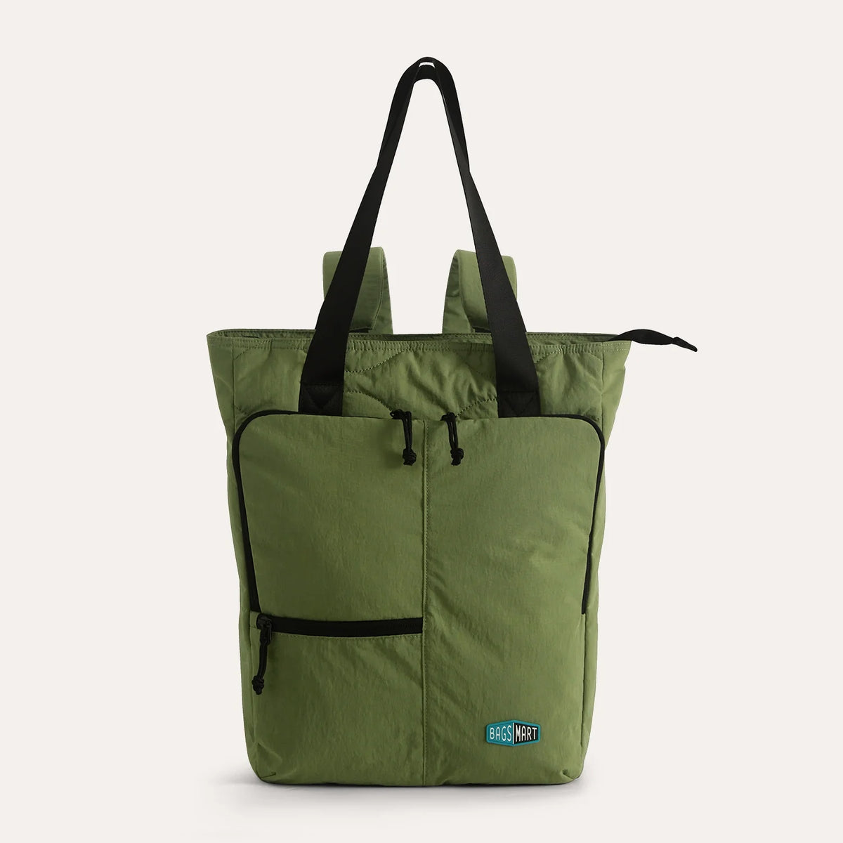 Green convertible tote backpack with black straps, front zip pocket, and 15.6-inch laptop compartment, ideal for commuters and students.