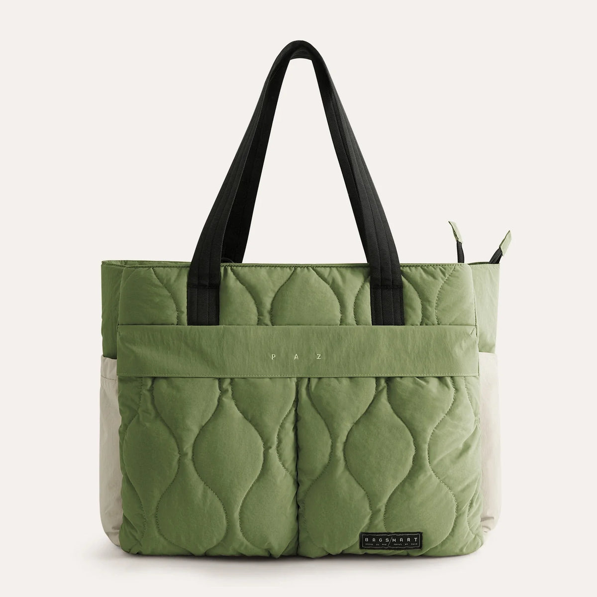 Green quilted tote bag with black handles, designed for travel and daily use, fits a 15.6-inch laptop, SKU: BM0305132AN007