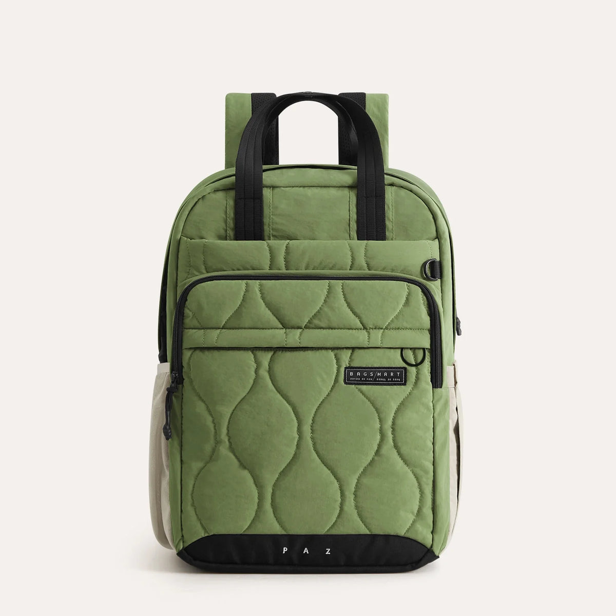 Green quilted Paz 28L backpack with black handles, multiple compartments, and a black base, ideal for commuting and travel.