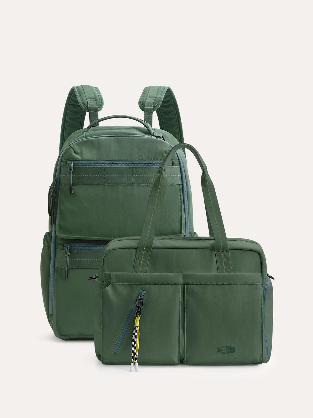 Green Moss Commuter Duo Set including a backpack, gym bag, and tote, made of durable nylon with multiple zippered compartments for travel and gym use - SKU: 12345
