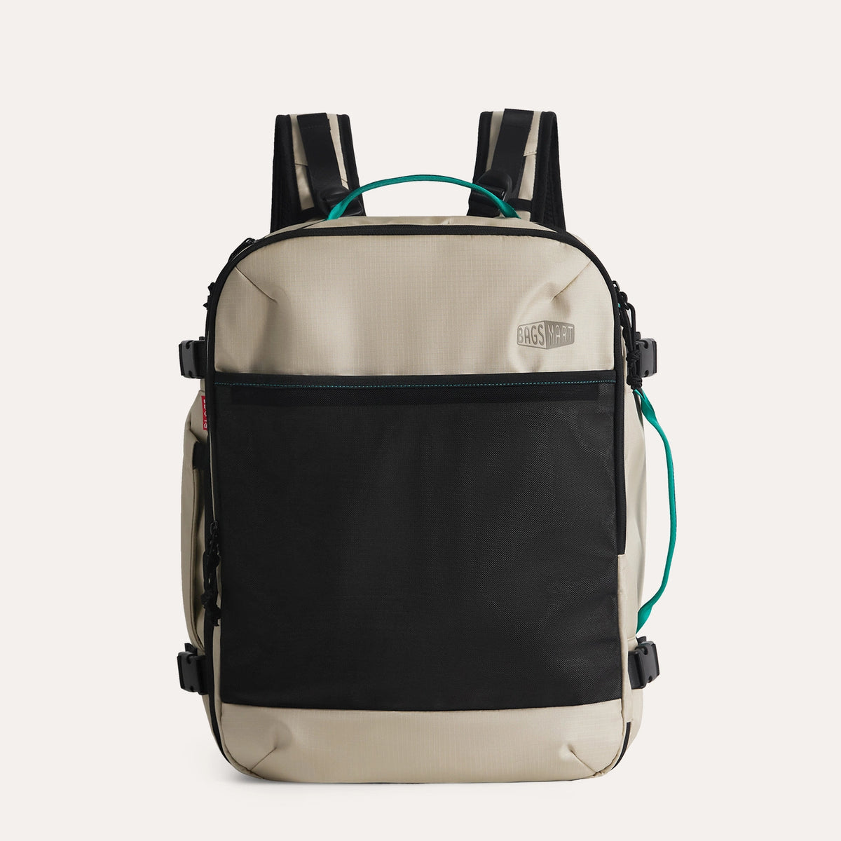 Beige and black travel backpack with multiple compartments, laptop sleeve, and adjustable straps, ideal for short trips and daily use.