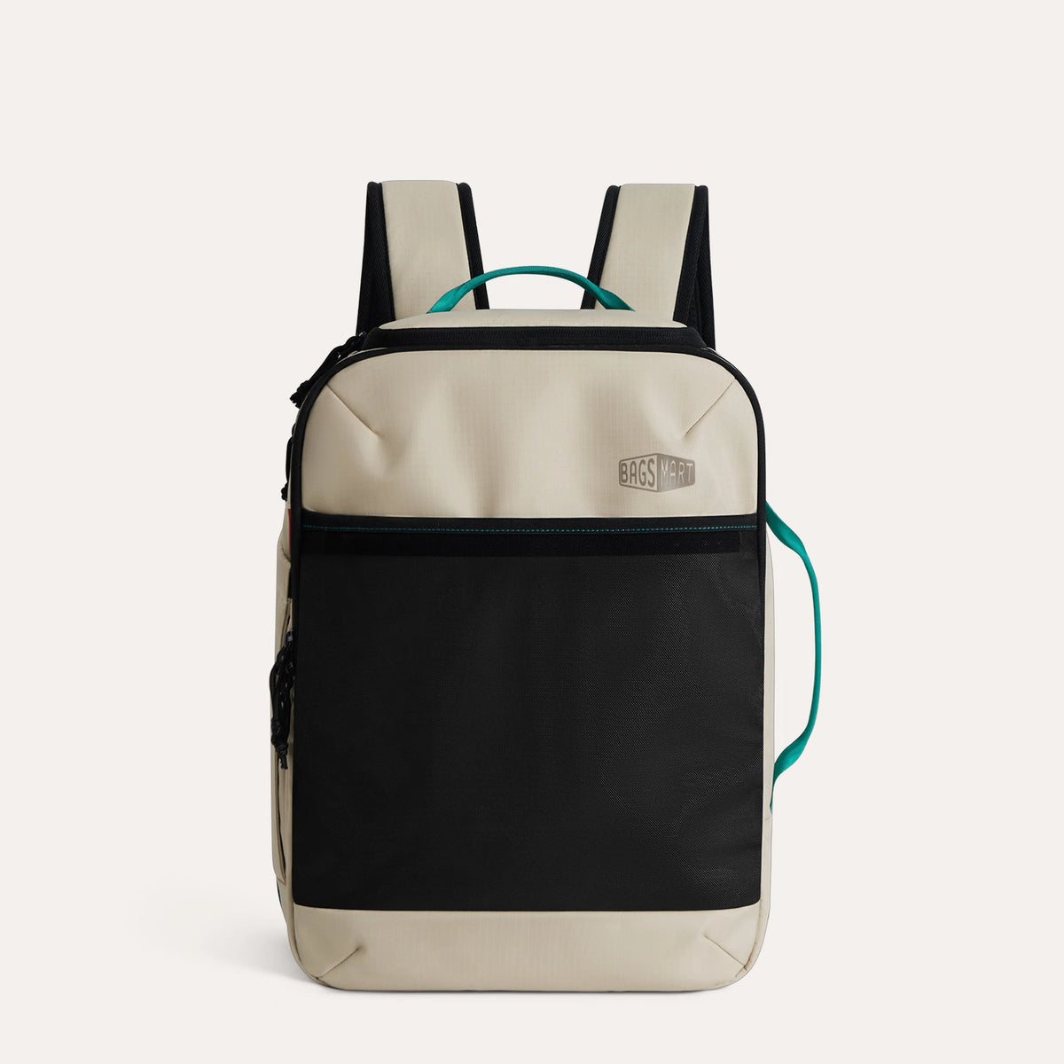 Travel backpack carry-on with laptop sleeve in beige and black, featuring teal accents, suitable for 2-3 day trips, SKU: BM0301186AN022