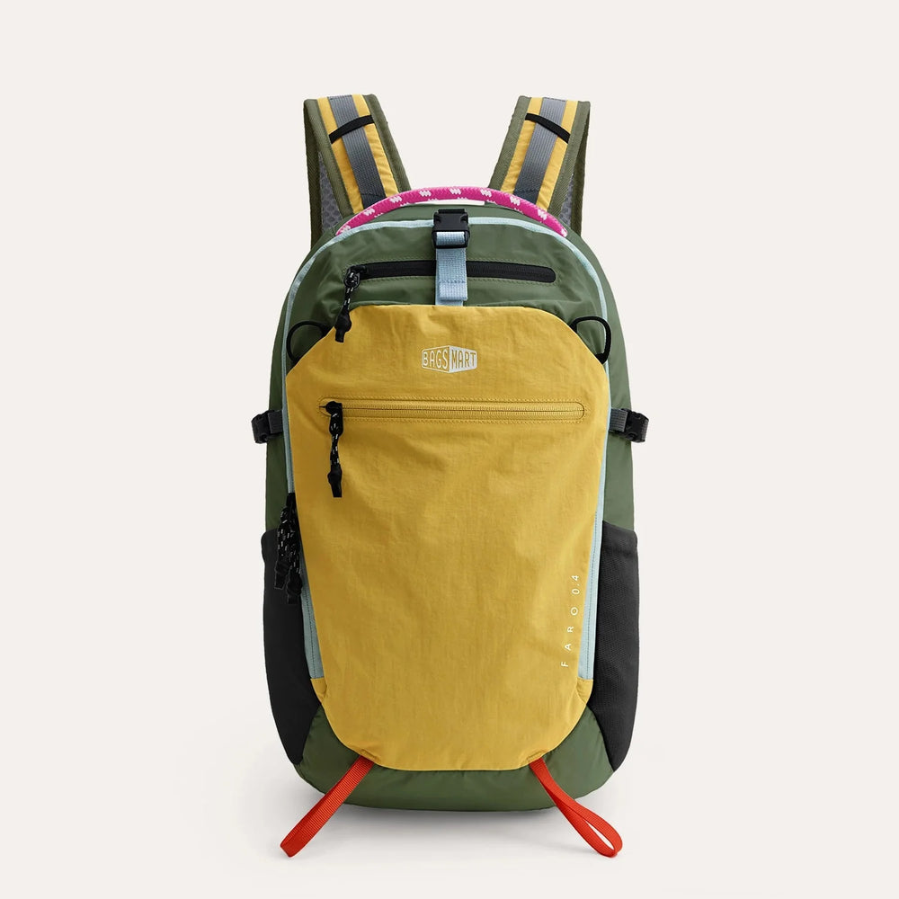 Colorful outdoor travel backpack with green, yellow, pink, and gray fabric, adjustable shoulder straps, and external storage pockets