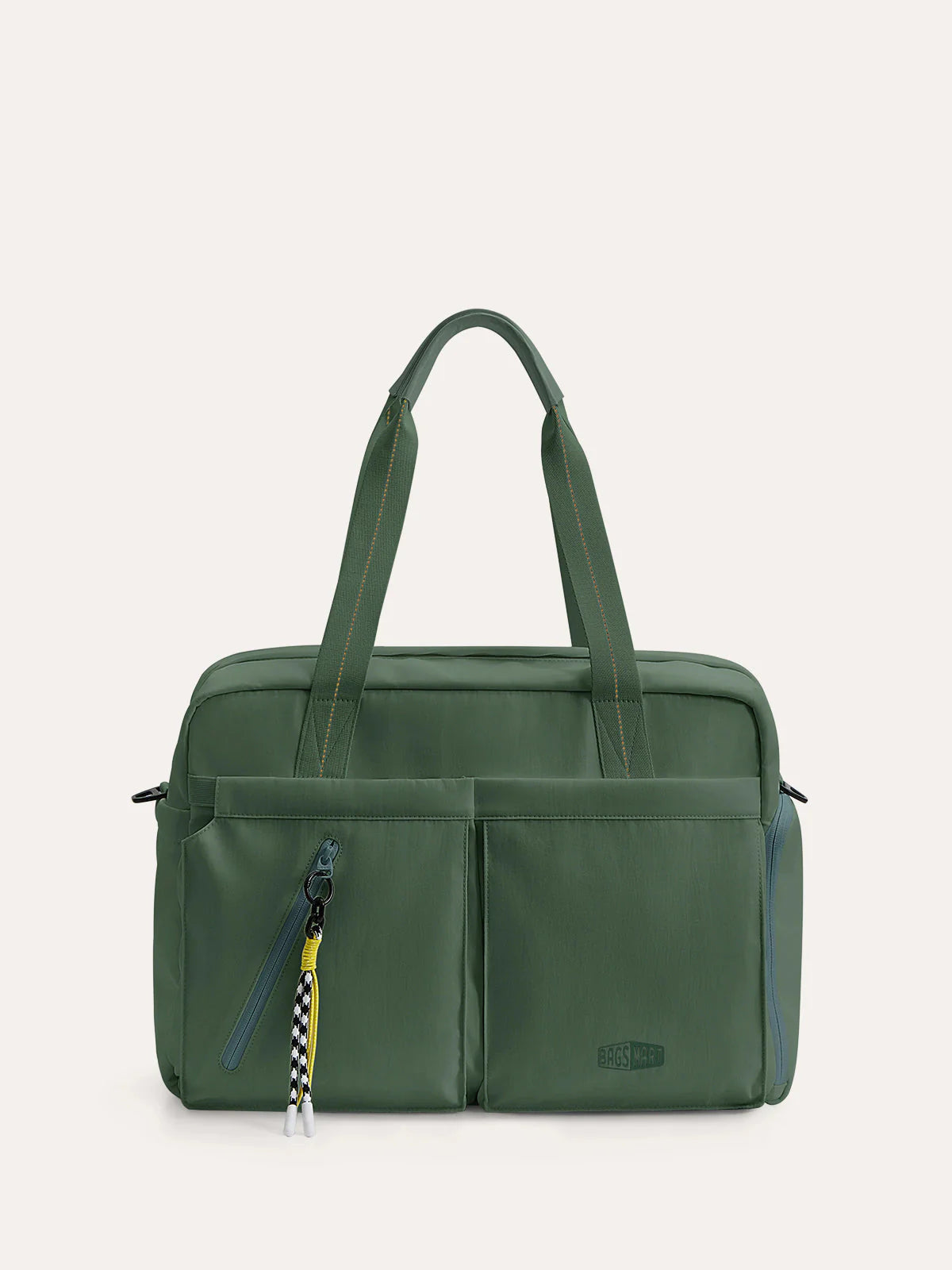 Green Moss Overnighter duffle bag with adjustable shoulder straps, front zippered pocket, and durable material, ideal for travel