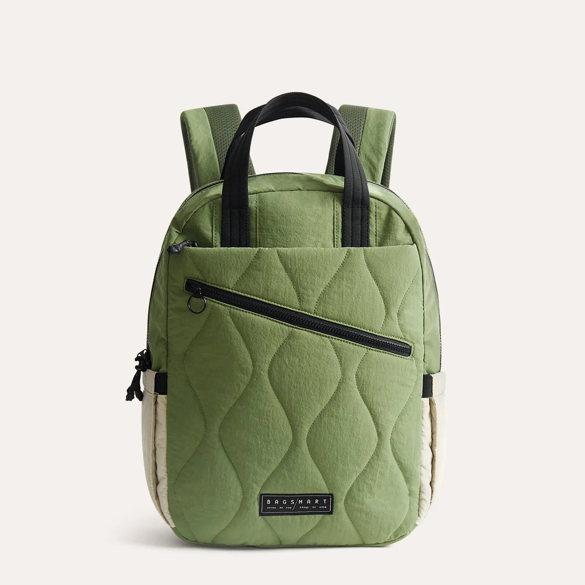 Green quilted work backpack with black handles, front zip pocket, and beige side pockets, designed for laptop and travel use - SKU: BM0301103AN499