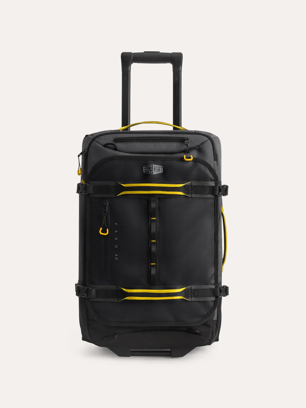 Black and yellow Faro Rolling Duffel with telescopic handle, multiple zippered compartments, and durable waterproof panels for travel